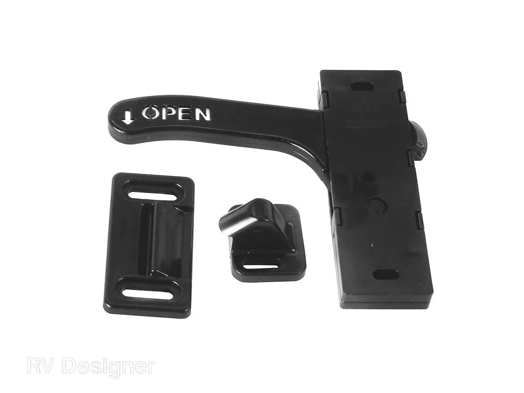 E287 – RV DESIGNER Screen Door Latch, For RV Designer Amerimax Style Screen Doors Left Hand Opening Black With Fasten...